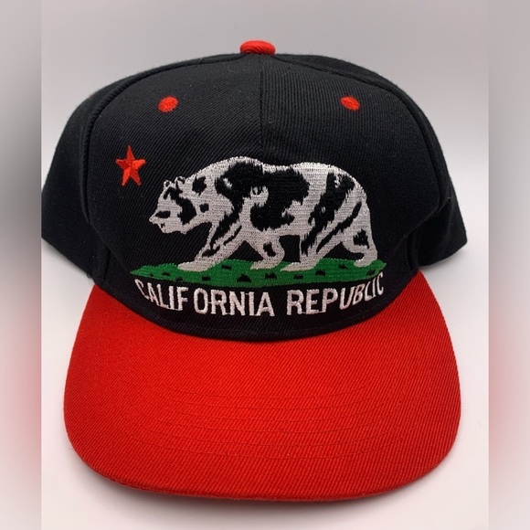 California Republic Cali Bear Flag Patch Snapback Baseball Cap Hat Red/Black EUC - Picture 1 of 8